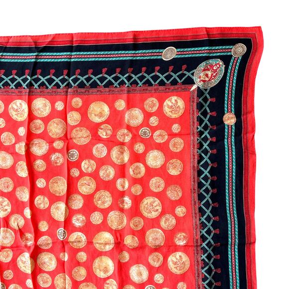 Elaine Gold designer silk scarf 1980’s orange gold coins medallions 29” square - Picture 2 of 9